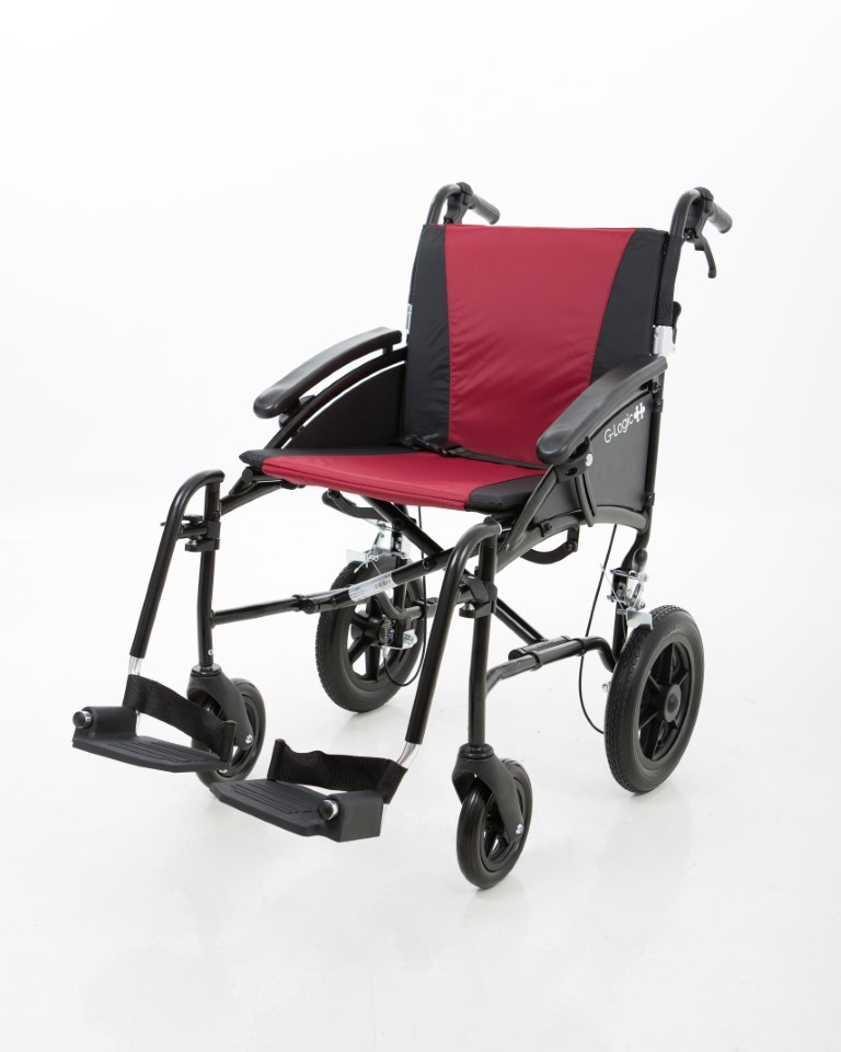 Excel G-Logic Lightweight Transit Wheelchair With Black Frame and Red Upholstery 18'' Standard Seat